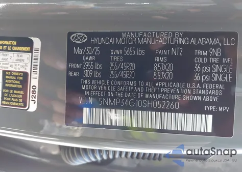 2025 Hyundai Santa Fe Hybrid Limited from USA, damaged, VIN 5NMP34G10SH052260